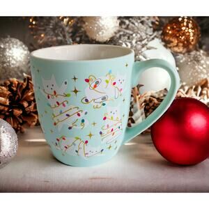 NEW Peppermint & Pine White Cats and Christmas Lights 18oz Coffee Tea Cat Mug